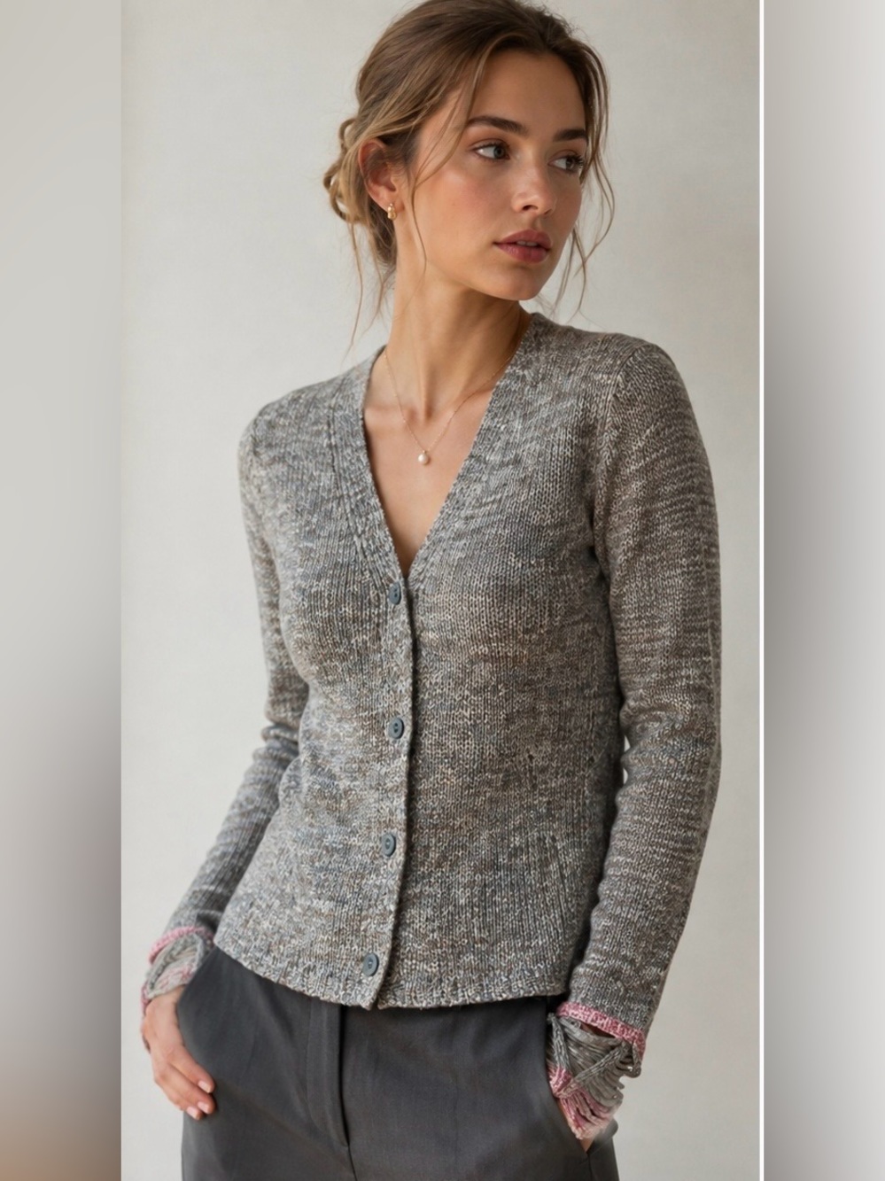 Vintage Ermanno Scervino Italian Cotton Cardigan XS Gray Pink Cuff Detail